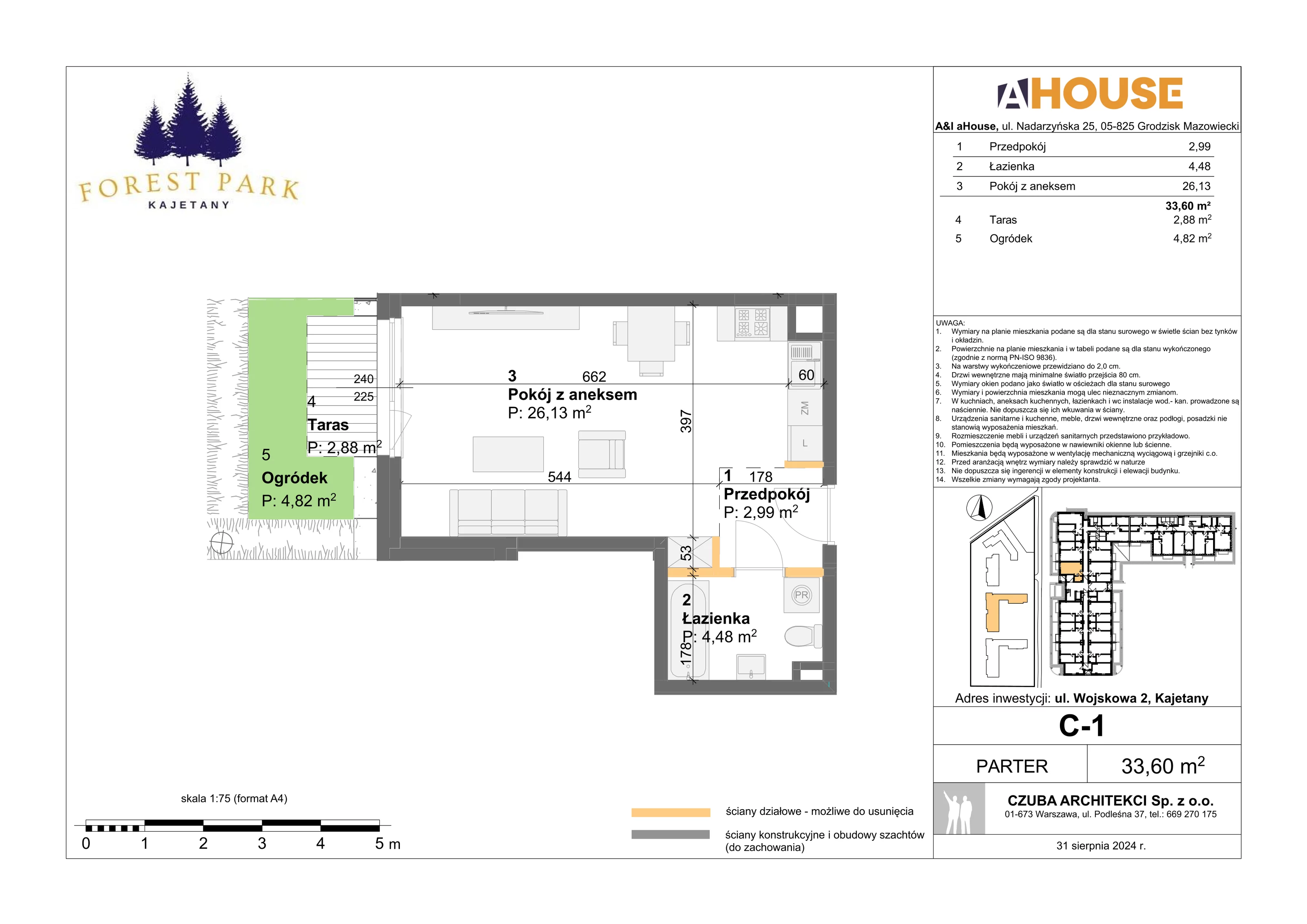 1 pokój, mieszkanie 33,60 m², parter, oferta nr C-1, Forest Park Kajetany, Kajetany, ul. Wojskowa 2
